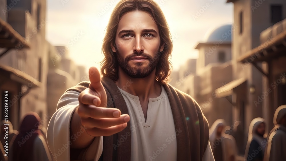 Naklejka premium Jesus Extending a Helping Hand in Bethlehem at Golden Evening Light 