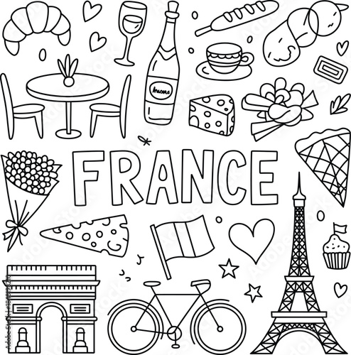 A black and white illustration featuring iconic French symbols, including the Eiffel Tower, Arc de Triomphe, and various foods, drinks, and landmarks, all surrounding the word "FRANCE" in a playful .
