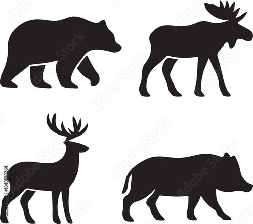 Four black silhouettes of bear, panther, deer and boar walking