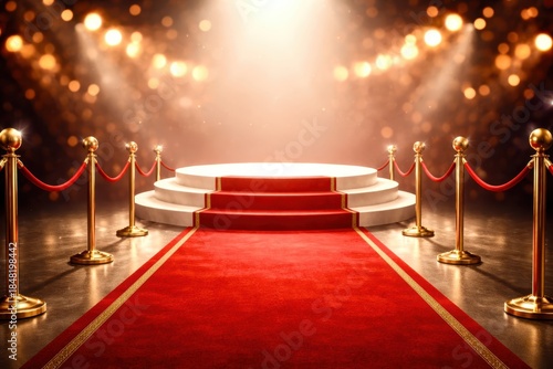 A red carpet leading to a stage with a podium