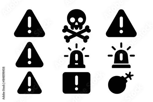 Black silhouette icons representing danger, warning, and critical alerts like skull and crossbones