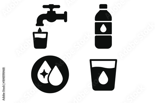 Four black and white icons for water consumption purity and hydration symbols