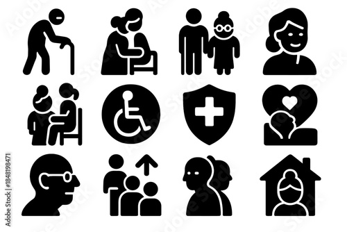 Essential symbols for elderly care, social services, health insurance, and disability support