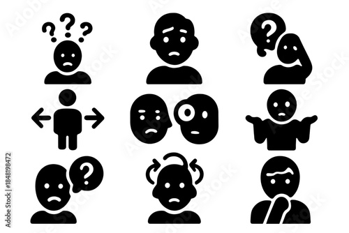Pictogram collection of confusion, sadness, anxiety, indecision, and mental distress symbols