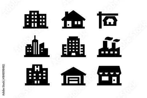 Solid black symbols for city buildings, real estate, and commercial architecture