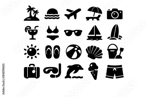 Black silhouette icons set for summer vacation, beach holidays, travel, and leisure activities