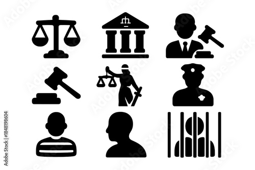 Black silhouette symbols representing law, justice, court, and legal proceedings