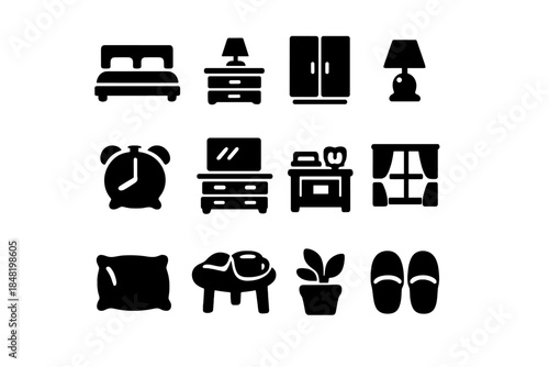 Essential bedroom furniture and accessories including bed, lamp, clock, and wardrobe