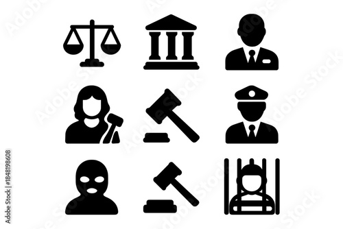 Black silhouette glyphs for law, justice, crime, legal system, and punishment concepts