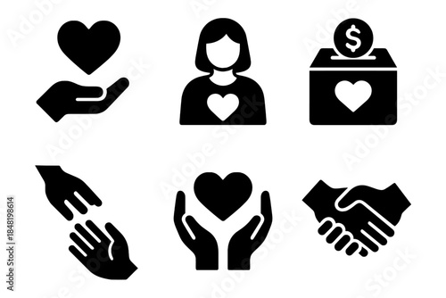 Charity, donation, volunteering, social responsibility, and helping hands symbols