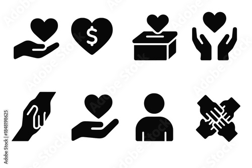 Symbols representing charity, donation, hands holding hearts, and community support