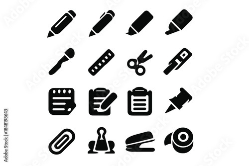 Collection of solid black glyphs representing various and school stationery items