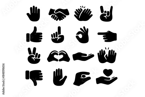 Black silhouette icons of human hand gestures for communication and emotion signs
