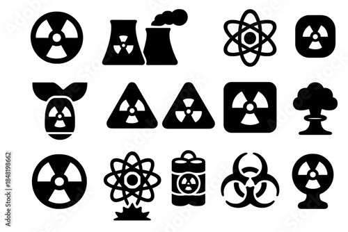 Black and white glyph icons for nuclear power, radiation, atomic energy, and biohazard danger