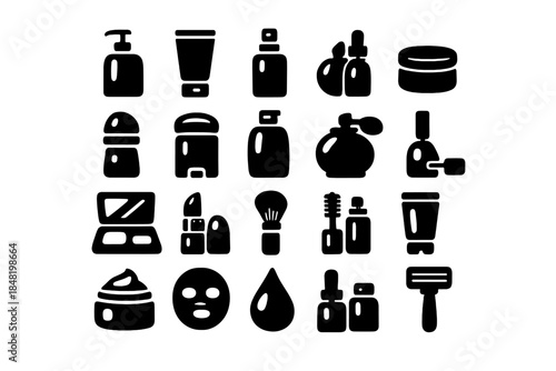 Assortment of cosmetic containers, beauty tools, and personal care items