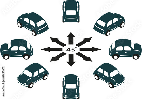 A set of 24 logo cars in isometric view. Rotation of the retro car in logo style by 15 degrees for animation.  