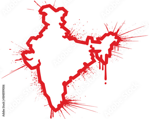 Indian subcontinent geographic region map with grunge splatter texture and dripping ink effect