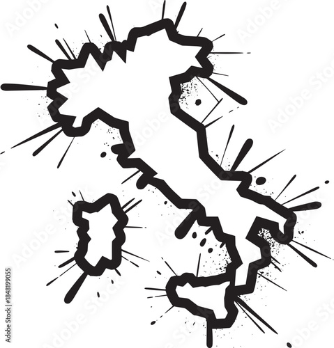 Italy country map with grunge splatter texture and rough artistic outline graphic element