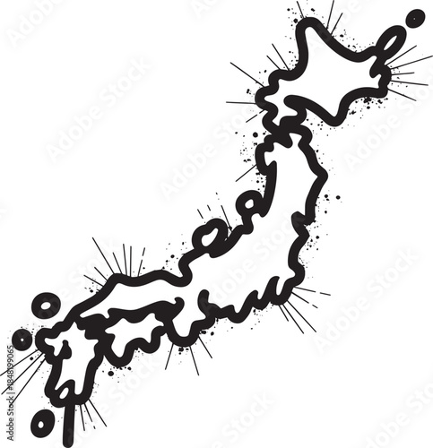 Japan island nation map with grunge splatter texture and organic flowing artistic outline