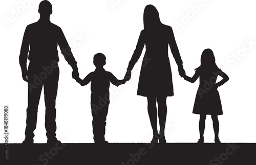 Silhouette of a family of four holding hands together, four people, black and white vector art illustration design template isolated on a white background.