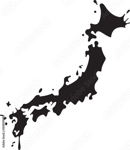 Japan island nation map with solid black fill and artistic dripping ink splatters effect