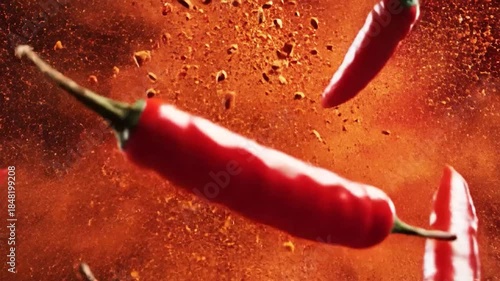 Red chili peppers spice explosion dynamic food photography