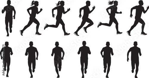 Silhouettes of men and women running in various poses, exercise vector art illustration design template isolated on a white background.