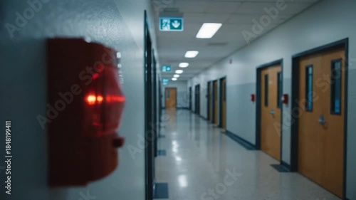 Red fire alarm flashing light in long hallway emergency alert system