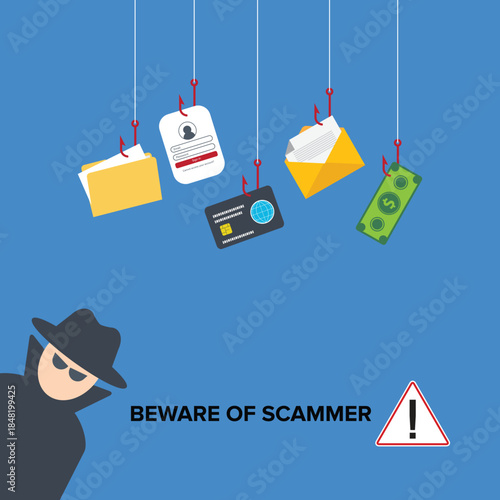 Hacker, fraudster, scammer committing digital cybercrime. Vector illustration	