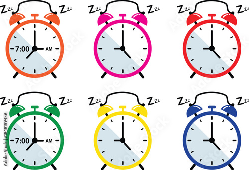 Six colorful alarm clocks showing seven o'clock with sleeping z symbols above the orange pink vector art illustration design template isolated on a white background.