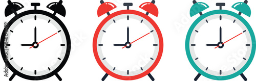 Three Colorful Alarm Clocks with Black Red and Green Bells three clocks black clock