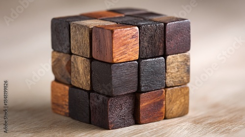 Fototapeta Naklejka Na Ścianę i Meble -  A wooden cube made from smaller blocks with unique wood grains. A handmade feel with warm tones in a 3D composition. A puzzle of textures and patterns.