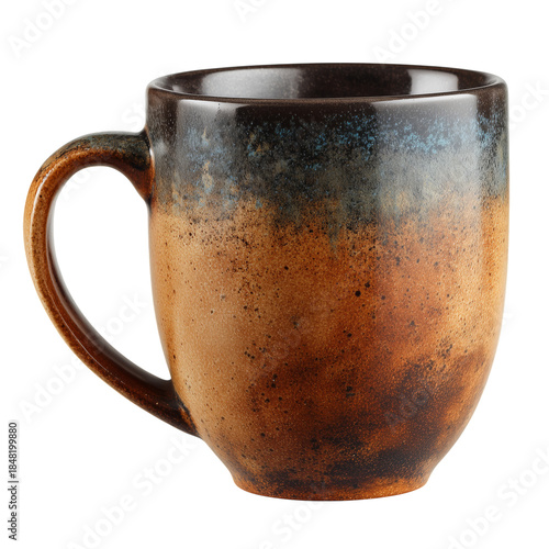 Ceramic Cup With Brown and Black Glaze on a Wooden Table in a Bright Room