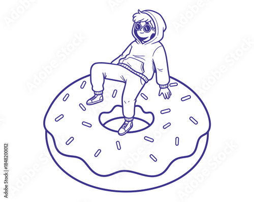 Trendy boy sitting inside giant glazed donut vector illustration