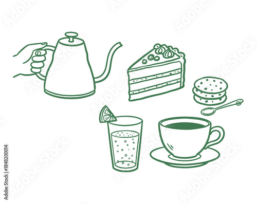 Green line art set of coffee kettle cake and cookies