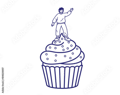 Tiny man standing on top of giant cupcake dessert illustration