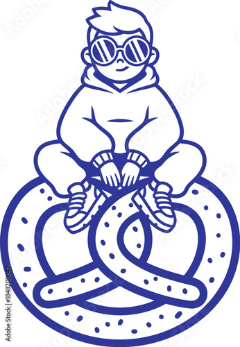 Cool boy sitting on giant pretzel snack illustration