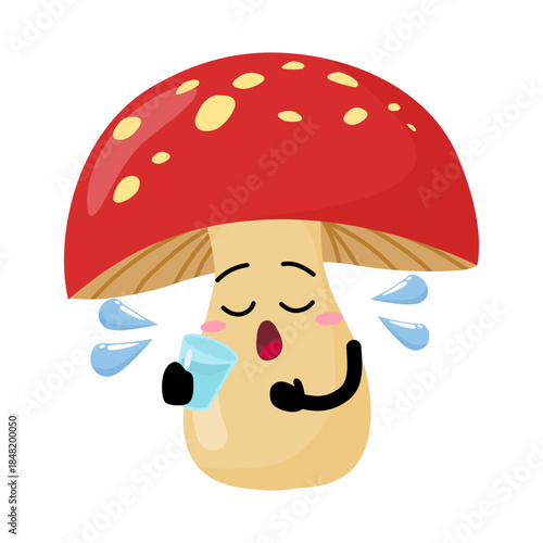 Cute Hand Drawn Thirsty Mushroom drinking water