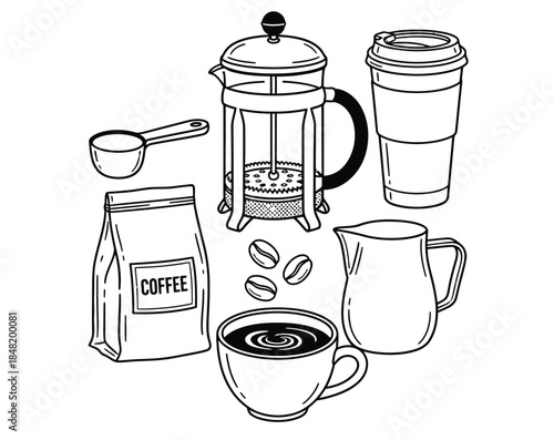 Hand drawn coffee brewing equipment and beans vector illustration set