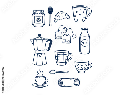 Breakfast items collection with moka pot croissant and honey jar