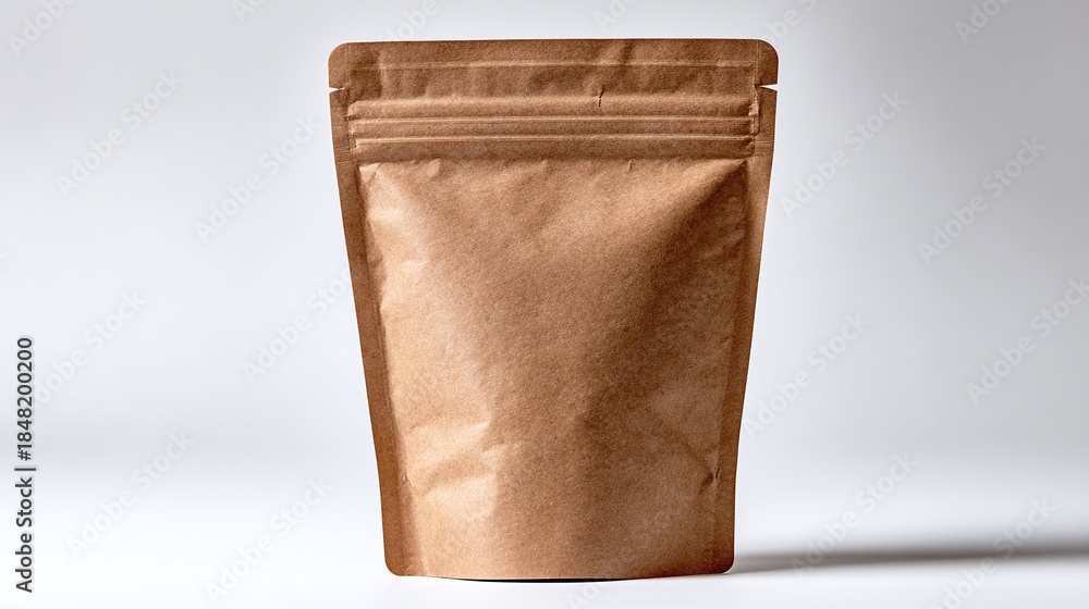 Obraz premium An up-close studio shot reveals a brown paper pouch, sealed and ready for product inside. Its clean design and neutral tone are perfect for showcasing eco-friendly, sustainable packaging.