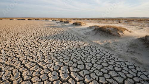 Cracked dry land transitioning into stabilized soil under calm air.