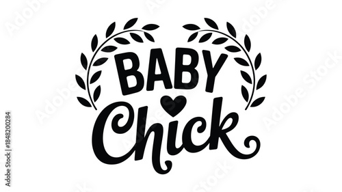 Cute baby chick logo with heart and leaves design element