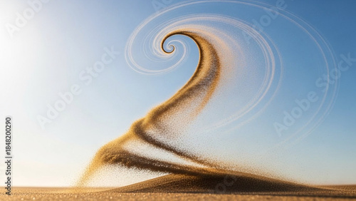 Abstract spiral of wind and sand slowly settling into a clear atmosphere.