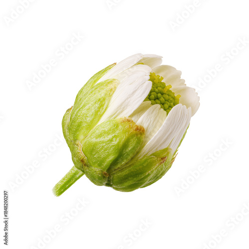 Flower Bud With White Petals and Green Base Growing in Nature During Spring S...