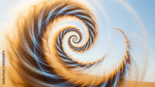 Abstract spiral of wind and sand slowly settling into a clear atmosphere.