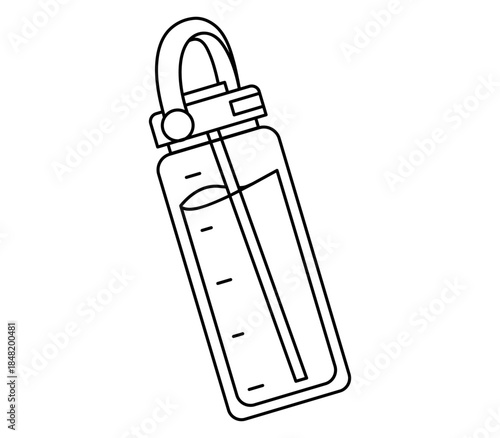 Hand drawn cute outline illustration of sport water bottle. Flat vector fitness equipment line art doodle. Container for beverage sticker. Healthy lifestyle icon. Rehydration after workout. Isolated.