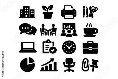 Essential black silhouette icons for business productivity and corporate design