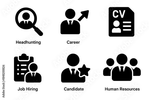 Black glyph icons for human resources recruitment job hiring and career development