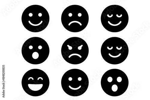 Essential black and white emoticons displaying diverse human feelings and expressions